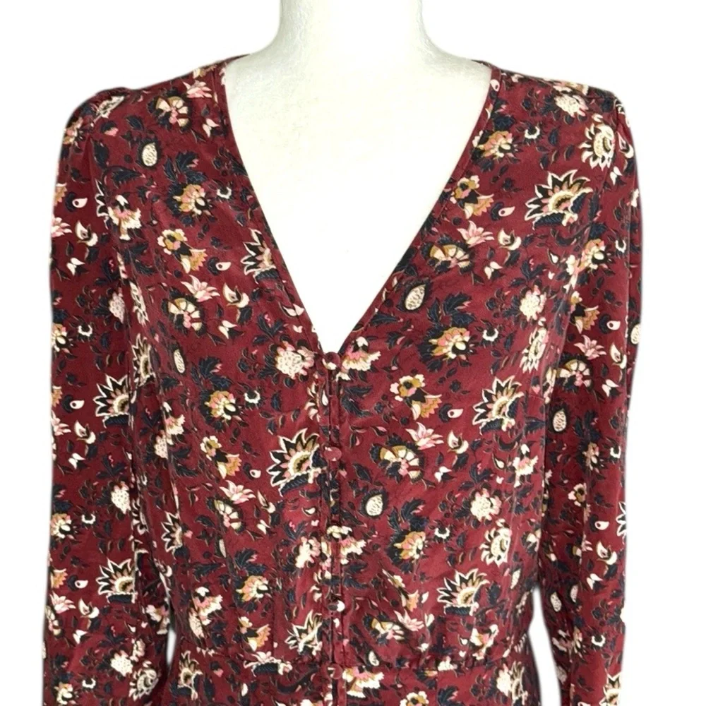 Veronica Beard Riggins Silk Floral Print Flounced Mini Dress in Bordeaux - 10